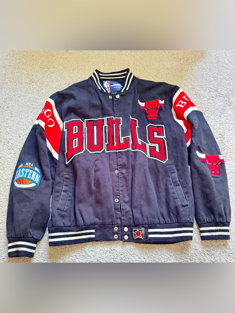 Vintage 90s JH Design Chicago Bulls Varsity Jacket Cotton Twill Bomber Black Siz